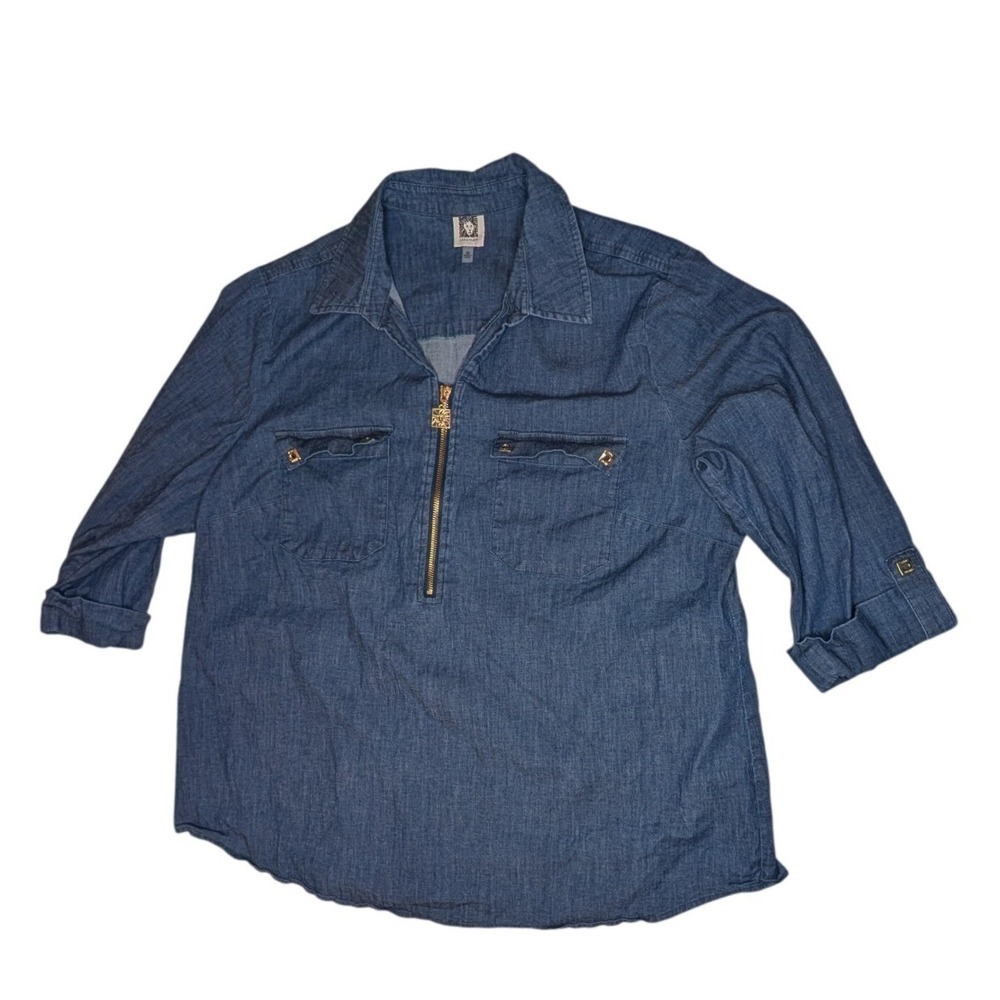 Anne Klein Blouse Womens 2X Blue‎ Chambray Half Zip Utility Casual Shirt Jean